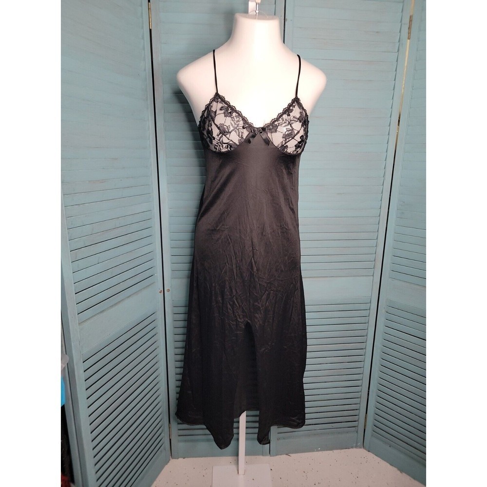 Nan Flower Vintage Sleeveless Black Long Dress Gown Lingerie ~ Sz S ~ Lace Trim
